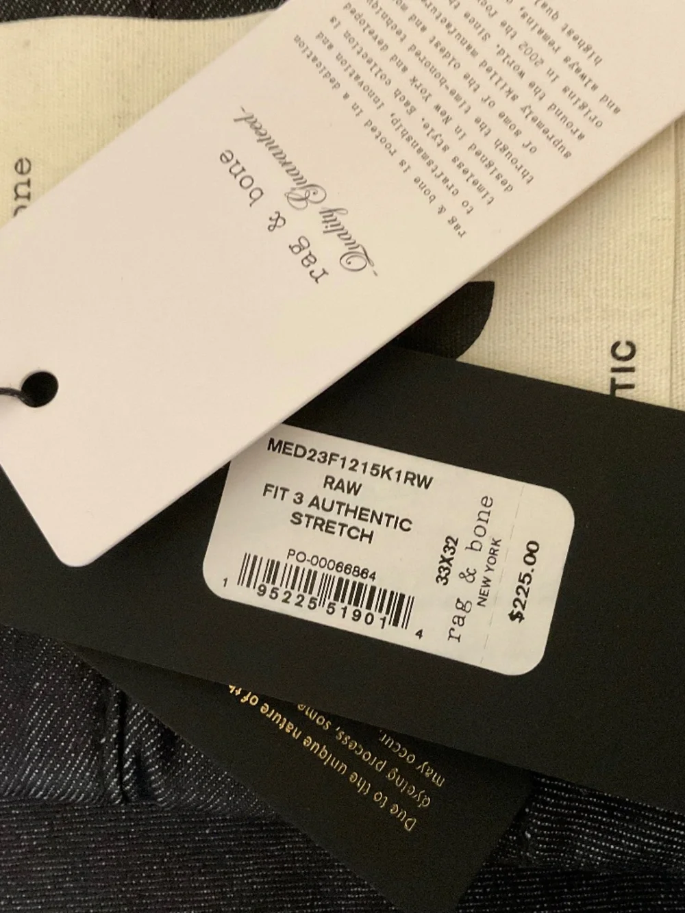 Rag & Bone 33x32 Fit 3 Athletic Raw Denim